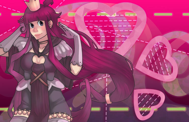 A pink haired queen ready to rule over your heart with a colorful background.