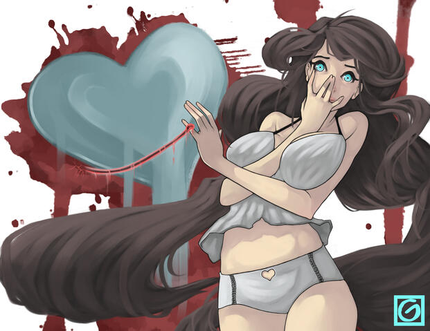 A young woman chained to a messy heart by a red string.