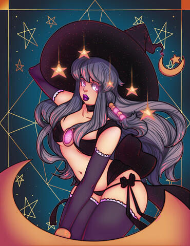 A young witch surrounded by stars and moons.
